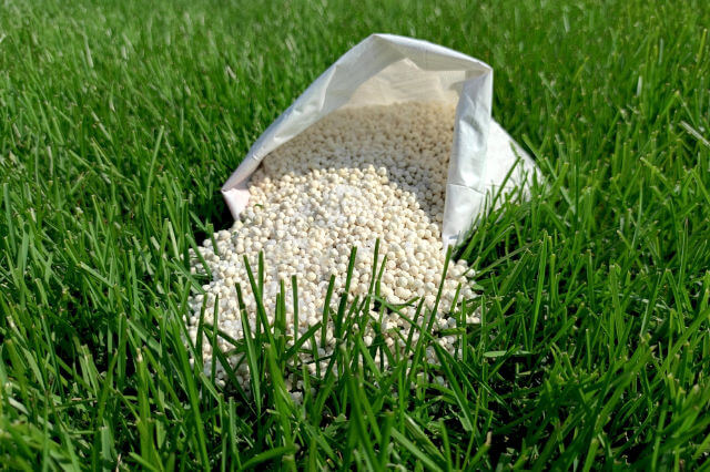 an open bag of lawn fertilizer on grass.